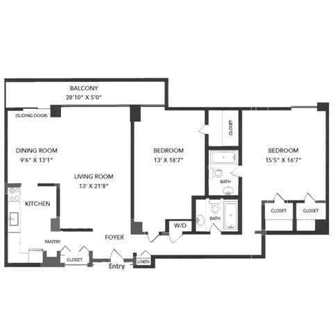 Floor plan for 2 beds, 2 baths, 1473 sqft